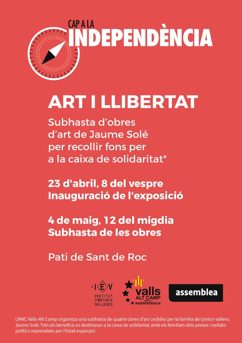 Inauguració de l'exposició "Art i llibertat". S’exposen quatre obres del pintor Jaume Solé que es subhastaran per recaptar fons per al presos, exiliats i represaliats. Oberta fins el 4 de maig